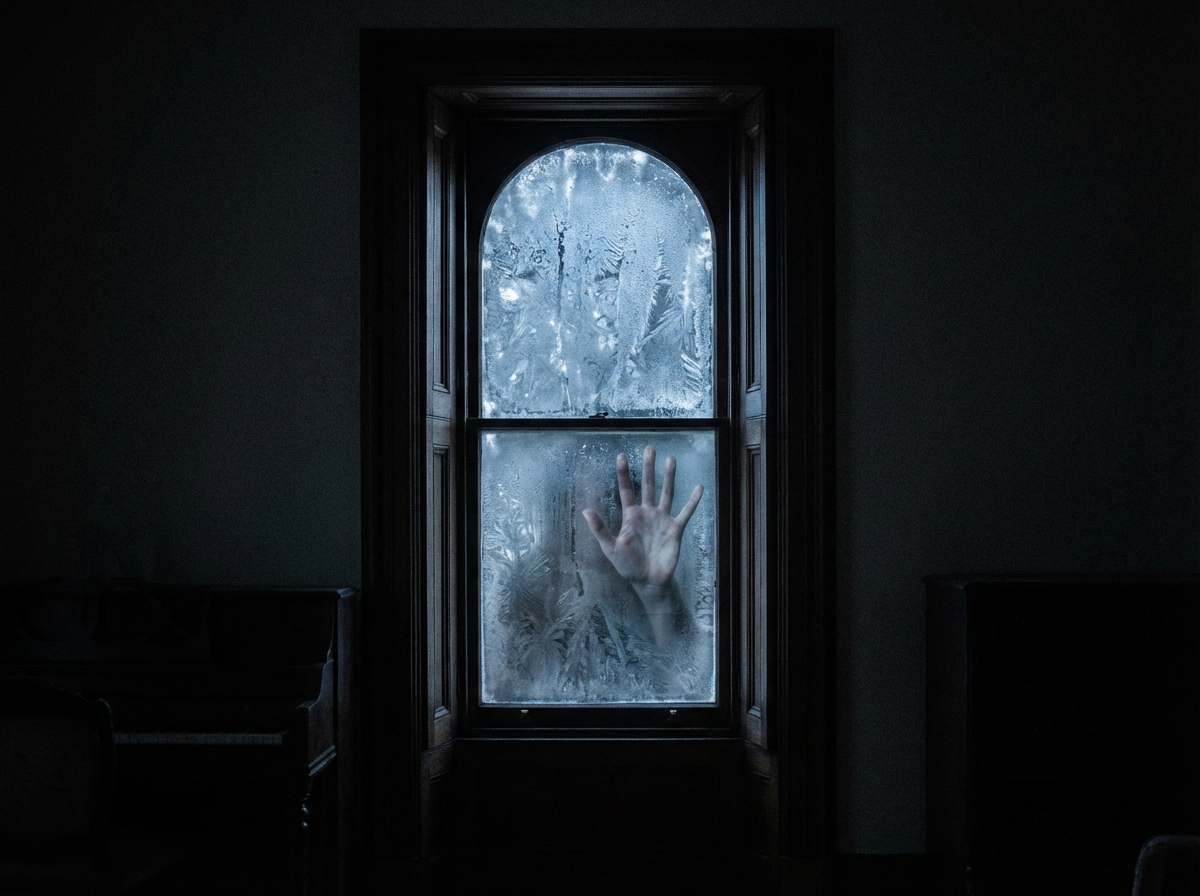 Ghostly hand at frosted window